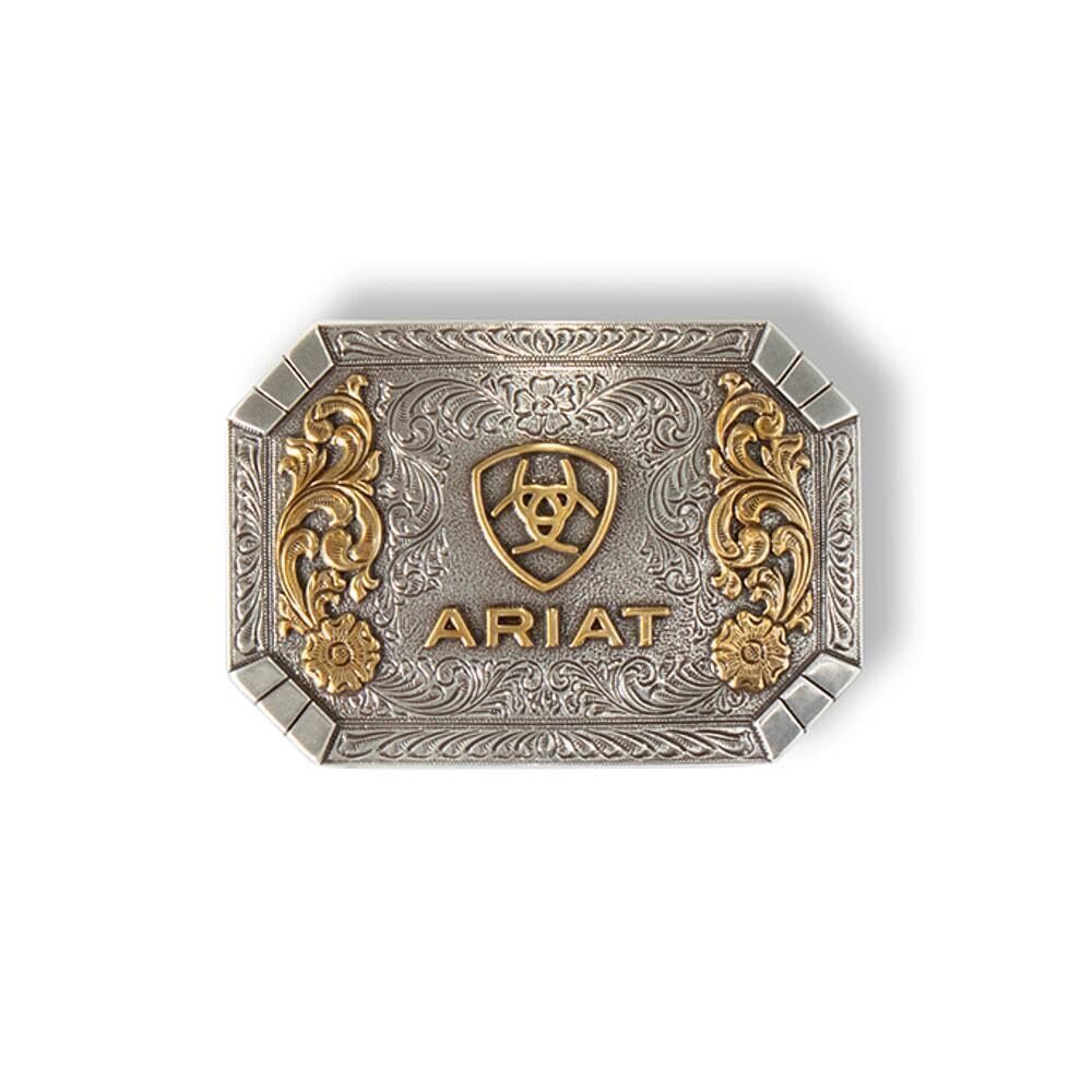 5517 Floral Rectangle Belt Buckle - Silver and Gold Western Cowboy Belt
